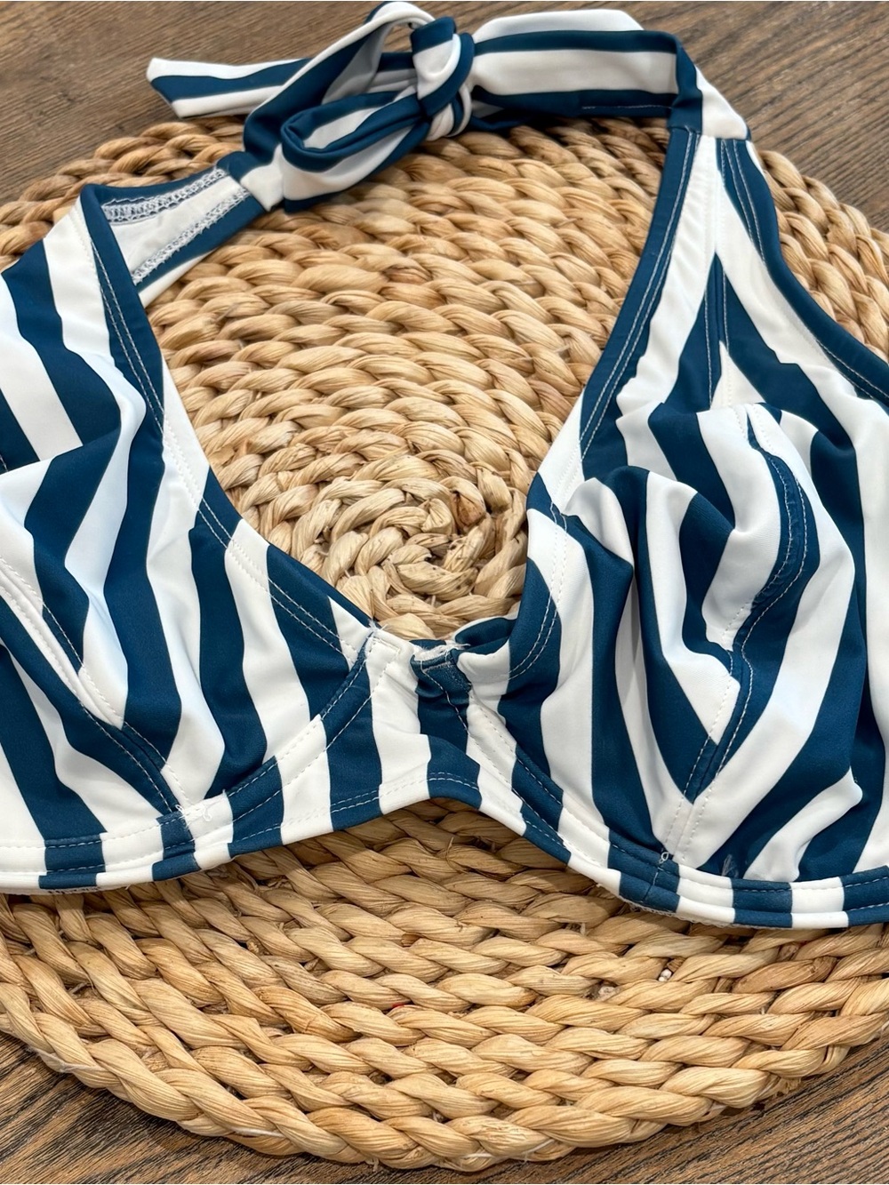 Shapermint Navy & White Striped Halter Bikini Top - 2XL